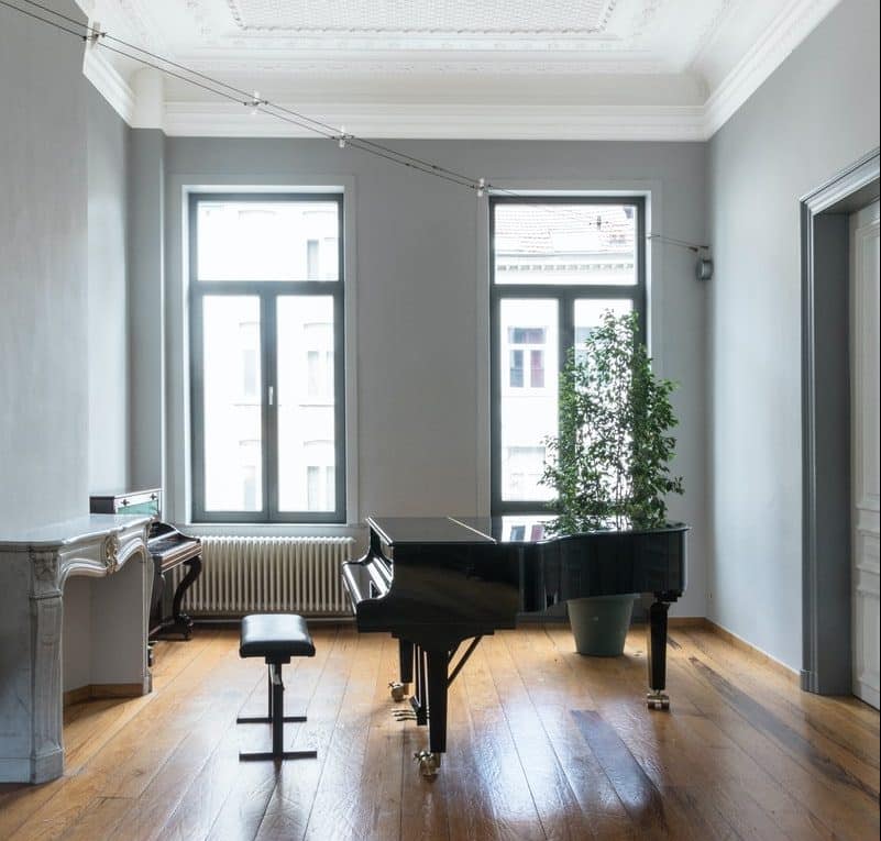 black grand piano near window