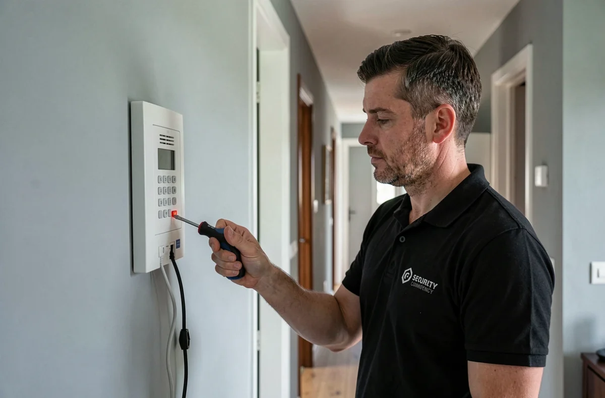Technicien d'ABC Le Concept Sécurité installant un système d'alarme dans une maison à Argenteuil