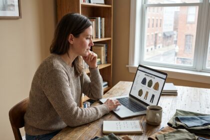 Femme consultant un site de vente en ligne de vêtements de travail sur son ordinateur portable dans un bureau à domicile