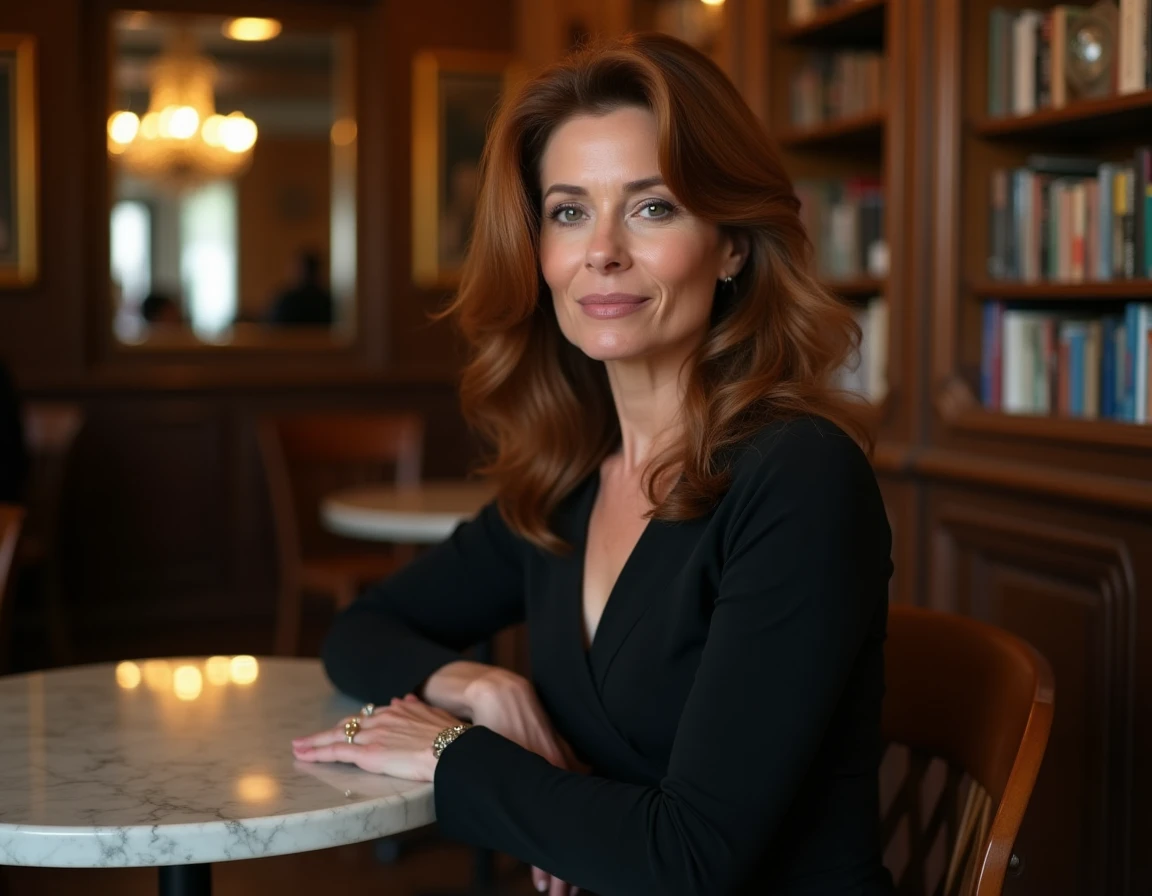 Actrice française sophistiquée assise dans un café parisien, portrait éditorial inspiré du style d'Alice Taglioni