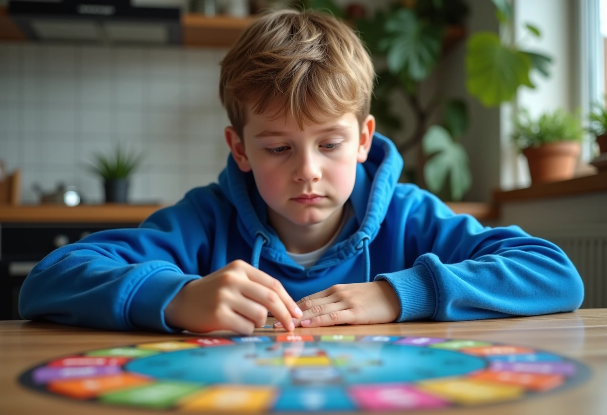 Jeune garçon en hoodie bleu étudiant une carte Trivial Pursuit à la maison