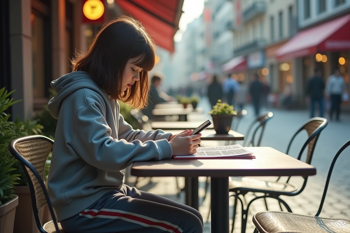 Adolescente lisant un manga sur son smartphone au café