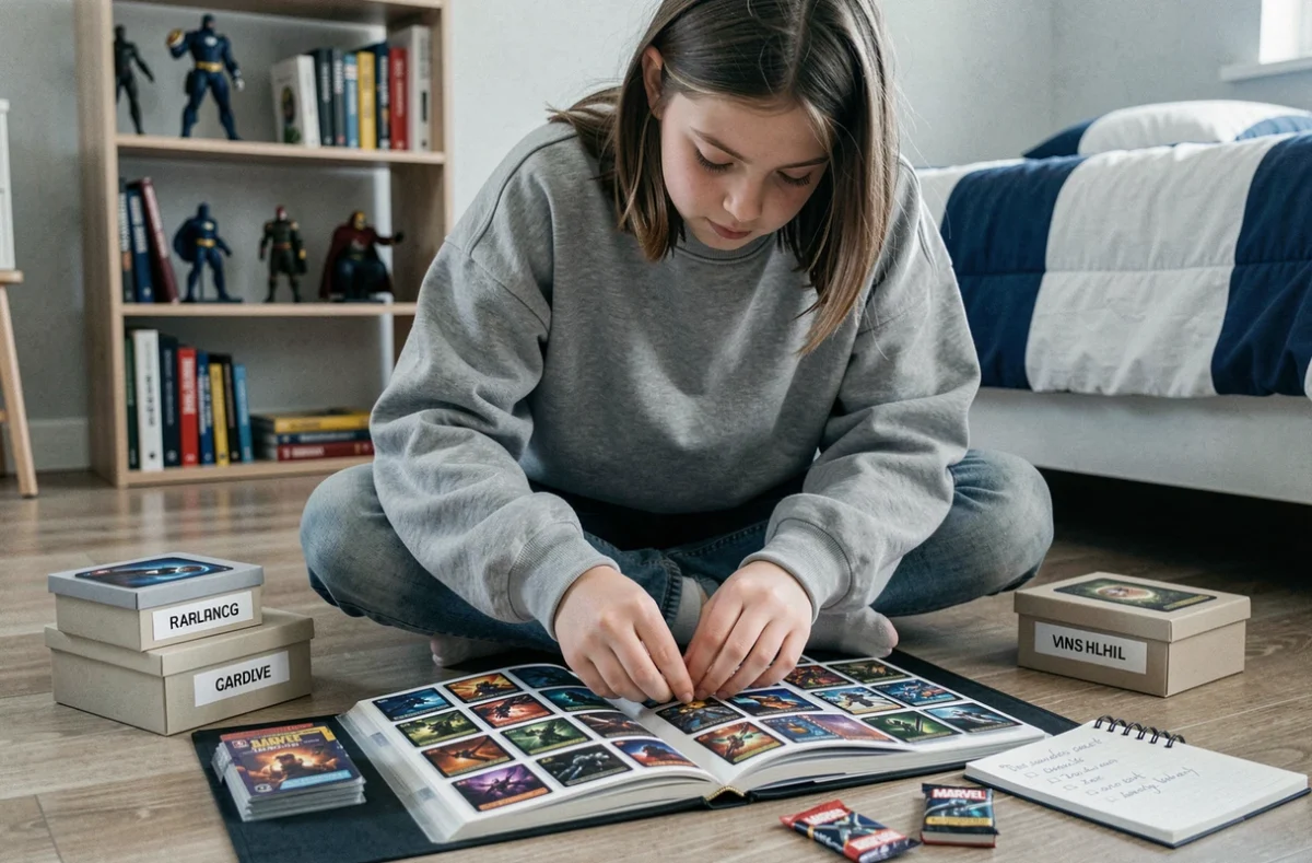 Adolescente organisant son album Marvel Leclerc 2026 par terre dans sa chambre avec des boîtes de rangement