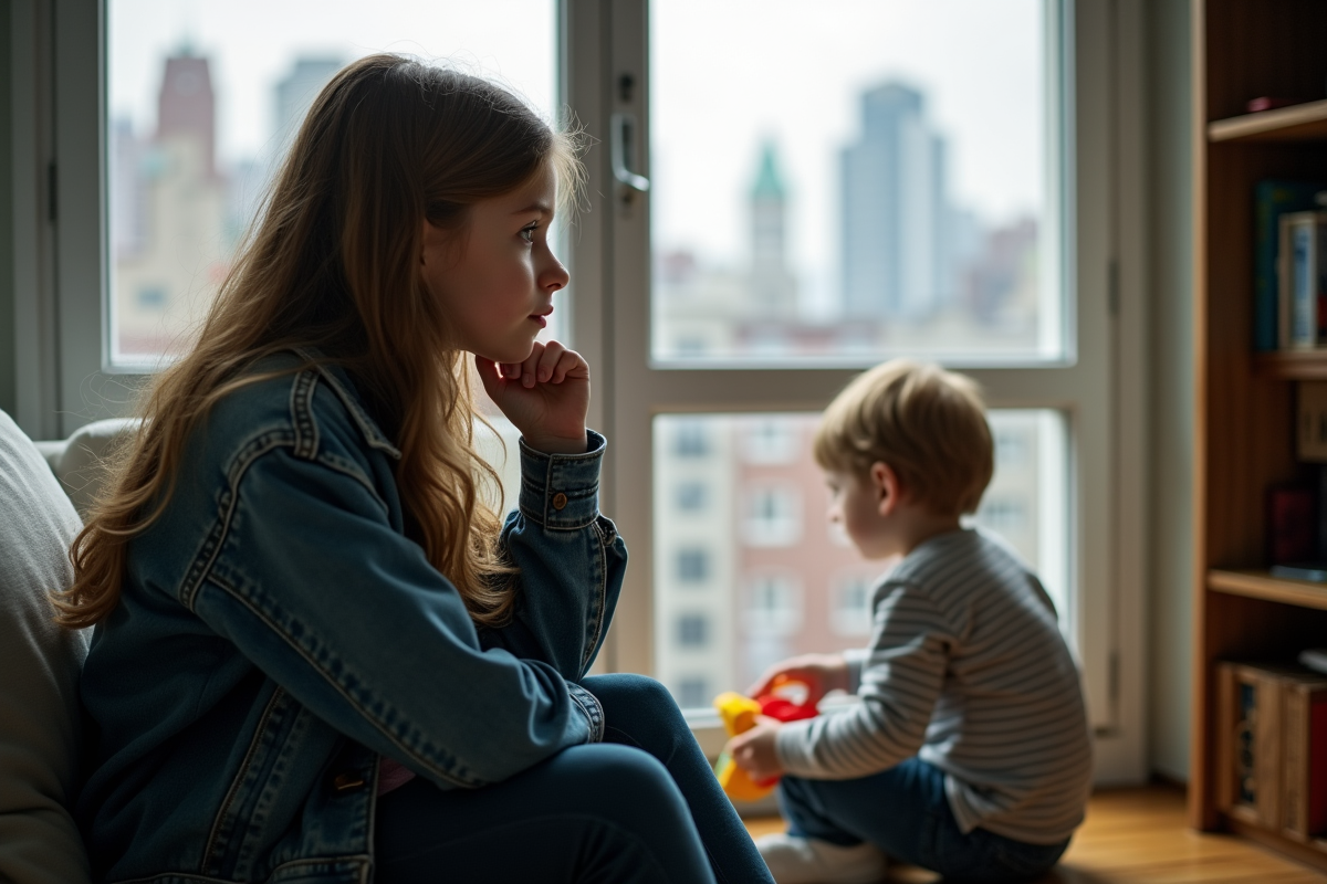 Adolescente regardant par la fenêtre dans un appartement urbain