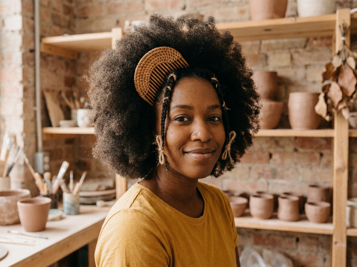 Femme aux cheveux afro naturels avec peigne en rotin et cordons de jute dans un atelier artisanal
