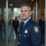 Agent de sécurité masculin en uniforme près de l'entrée d'un bâtiment