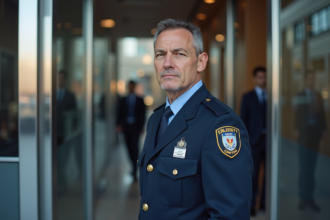 Agent de sécurité masculin en uniforme près de l'entrée d'un bâtiment