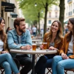 Groupe d amis riant au café dans Bordeaux