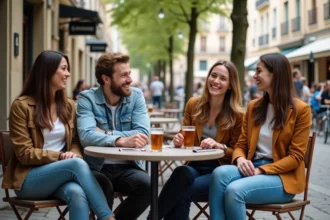 Groupe d amis riant au café dans Bordeaux
