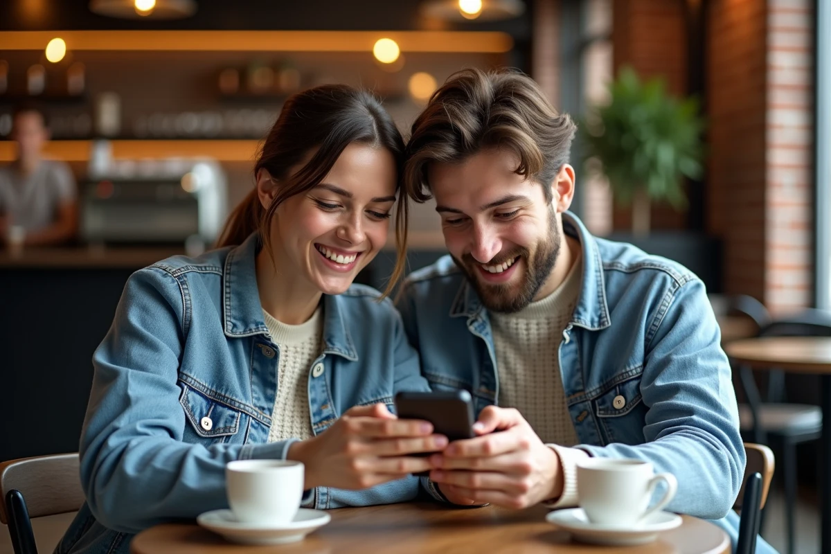 Deux amis partageant un lien Coin Master gratuit dans un café pour avancer dans le jeu