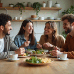 Quatre jeunes autour d'une table en cuisine lumineuse