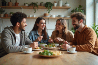 Quatre jeunes autour d'une table en cuisine lumineuse