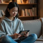 Jeune femme lisant un manga sur une application tablette dans un salon cosy, entourée de volumes manga en bibliothèque