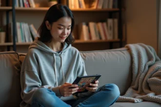 Jeune femme lisant un manga sur une application tablette dans un salon cosy, entourée de volumes manga en bibliothèque