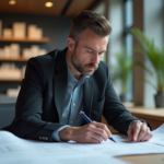 Architecte d'âge moyen étudie des plans dans un bureau moderne