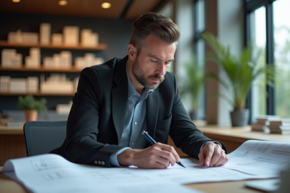 Architecte d'âge moyen étudie des plans dans un bureau moderne