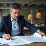 Architecte pointant des plans dans un bureau moderne