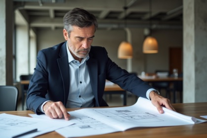 Architecte pointant des plans dans un bureau moderne