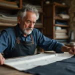 Artisan breton inspectant la qualité d'un drapeau Gwenn-ha-du dans un atelier traditionnel