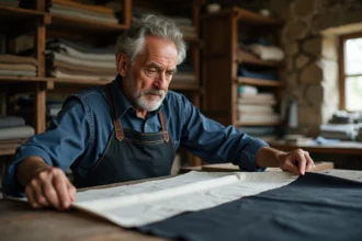 Artisan breton inspectant la qualité d'un drapeau Gwenn-ha-du dans un atelier traditionnel