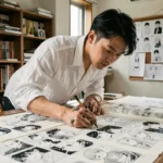 Artiste manga dessinant des planches détaillées dans un studio encombré de Tokyo, évoquant l'univers créatif d'Eiichiro Oda et de One Piece