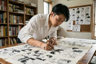 Artiste manga dessinant des planches détaillées dans un studio encombré de Tokyo, évoquant l'univers créatif d'Eiichiro Oda et de One Piece