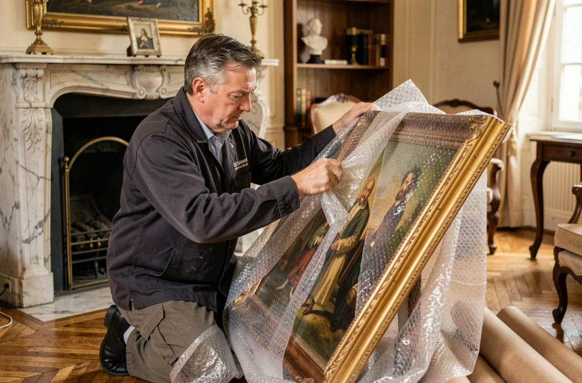 Déménageur Auguste William emballant avec soin un tableau ancien dans un salon bourgeois