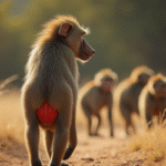 Zoom sur le postérieur coloré d'une babouin femelle