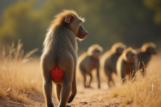 Zoom sur le postérieur coloré d'une babouin femelle