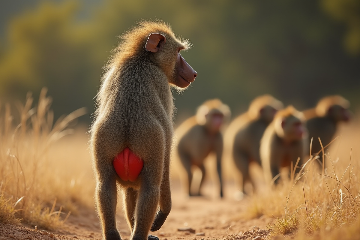 Zoom sur le postérieur coloré d'une babouin femelle