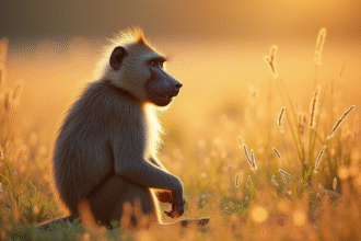 Babouin adulte sur la savane avec couleurs vives