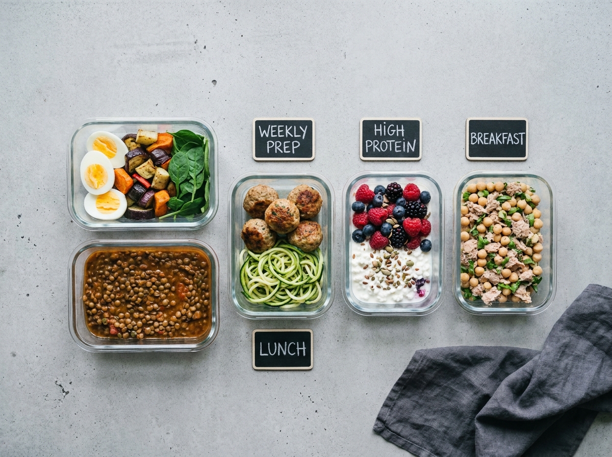 Préparation de repas protéinés en batch cooking avec cinq contenants en verre sur un plan de travail en béton