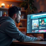 Jeune homme geek concentré devant un blog tech sur son écran dans un bureau décoré de figurines et jeux vidéo