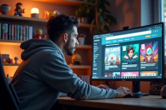 Jeune homme geek concentré devant un blog tech sur son écran dans un bureau décoré de figurines et jeux vidéo