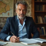 Journaliste politique français installé dans un bureau provincial au décor authentique, évoquant ses racines locales et son parcours vers la notoriété nationale
