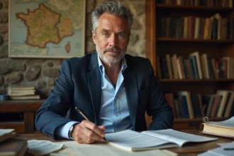 Journaliste politique français installé dans un bureau provincial au décor authentique, évoquant ses racines locales et son parcours vers la notoriété nationale