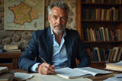 Journaliste politique français installé dans un bureau provincial au décor authentique, évoquant ses racines locales et son parcours vers la notoriété nationale