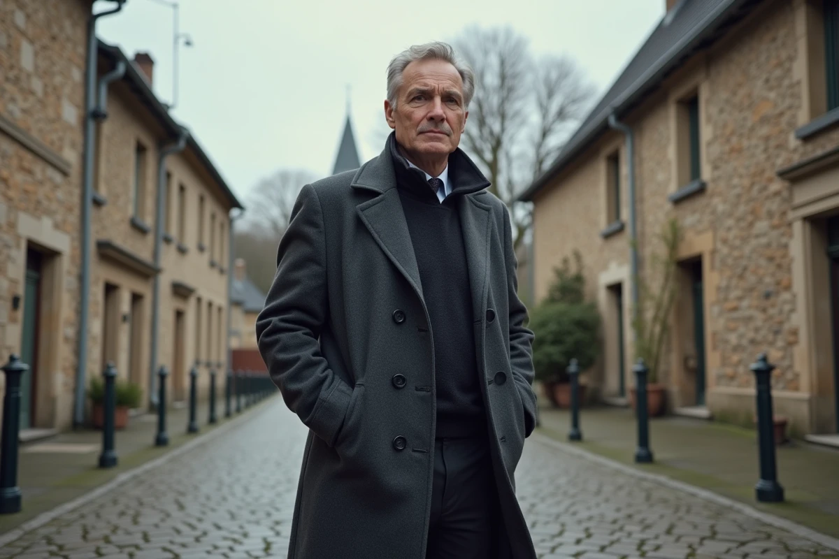 Journaliste politique posant sur une place de village française typique, illustrant l'ancrage local et les origines régionales au cœur de son identité