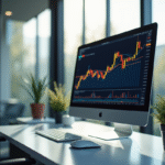 Espace de travail moderne avec écran affichant un graphique bourse Europe