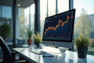 Espace de travail moderne avec écran affichant un graphique bourse Europe