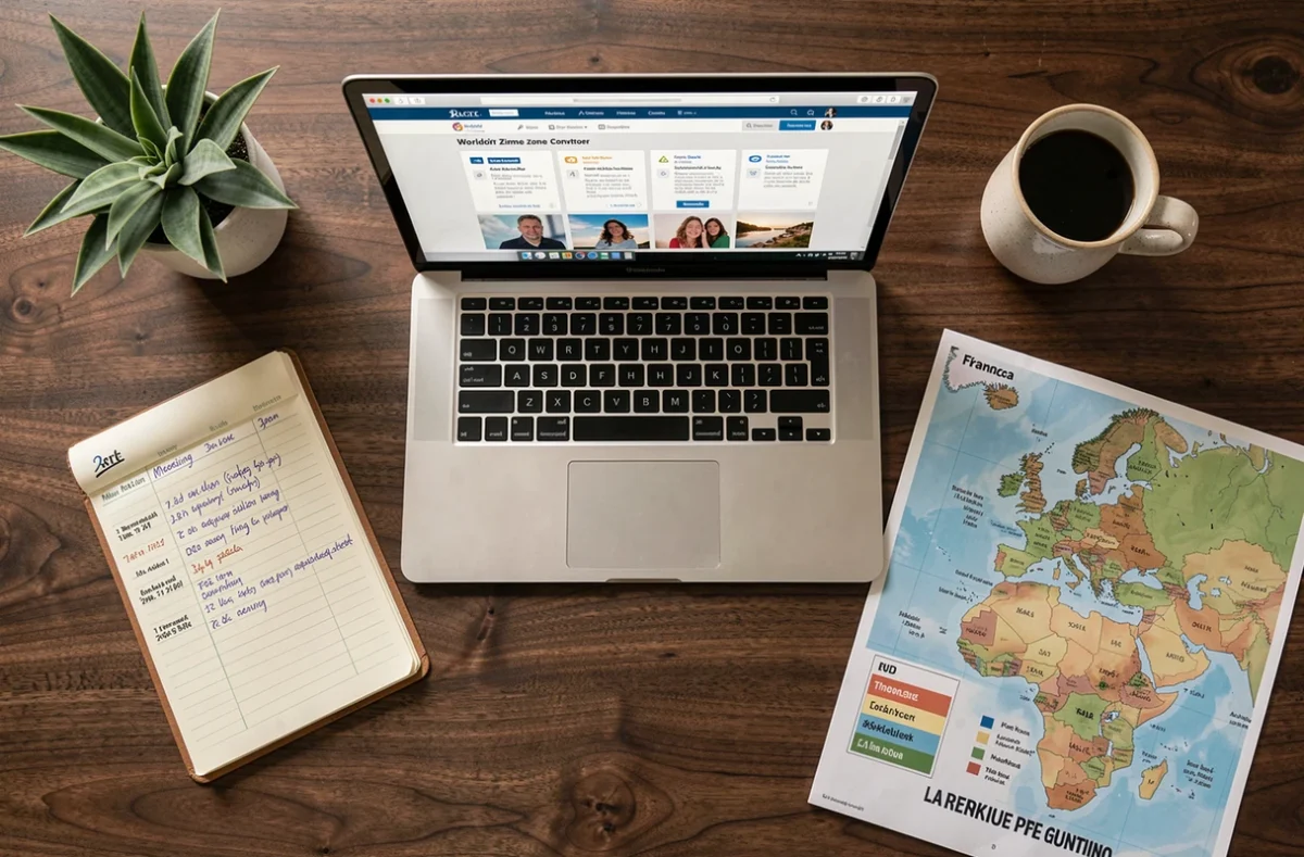 Vue à plat d'un bureau de télétravailleur avec planificateur de réunion, ordinateur portable et carte des fuseaux horaires entre la France et La Réunion