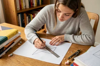 Jeune femme calculant la diagonale d'un rectangle sur du papier quadrillé avec une règle et un crayon, posée sur un bureau en bois entouré de livres de géométrie