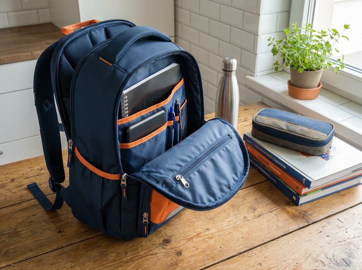 Cartable ergonomique bleu et orange pour garçon ouvert sur une table de cuisine avec fournitures scolaires