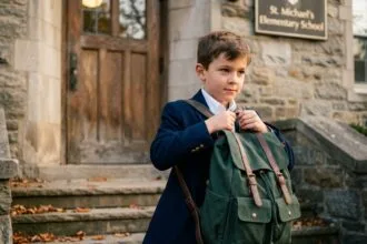 Jeune garçon portant un cartable vert structuré à l'entrée d'une école en pierre à l'automne