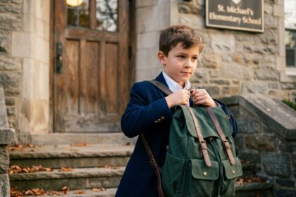 Jeune garçon portant un cartable vert structuré à l'entrée d'une école en pierre à l'automne