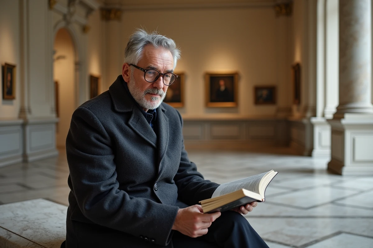 Homme lisant un catalogue d'exposition dans le hall d'un musée Beaux-Arts à Lyon