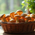 Champignons chanterelles dans un panier en osier sur une table en bois