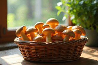 Champignons chanterelles dans un panier en osier sur une table en bois