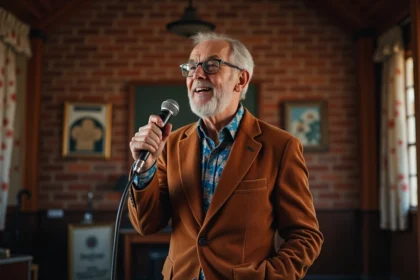 Chanteur masculin vintage en performance sur scène 1970s