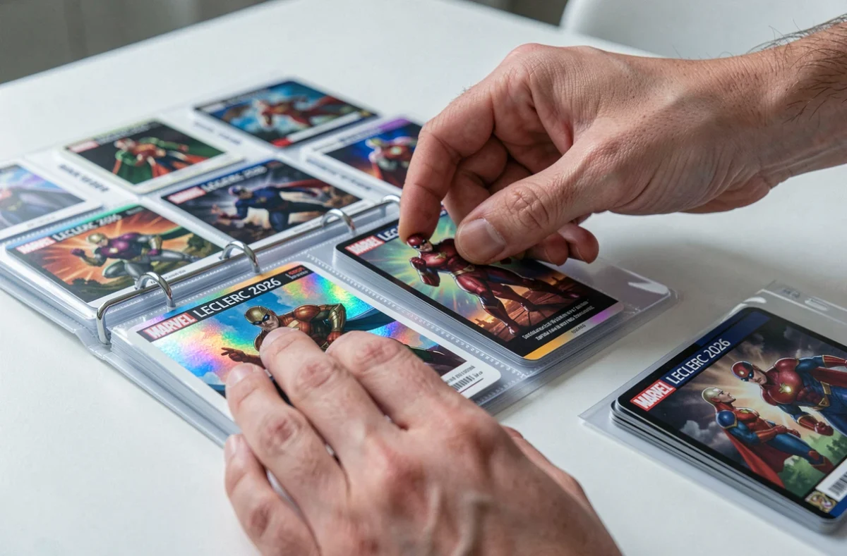 Gros plan de mains adultes rangeant des cartes Marvel Leclerc 2026 dans un classeur rigide avec intercalaires